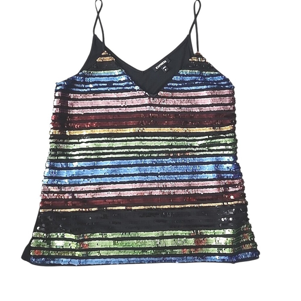 Express Sequin‎ Tank Top M V-Neck Strappy Multi Striped Party Sparkle Club